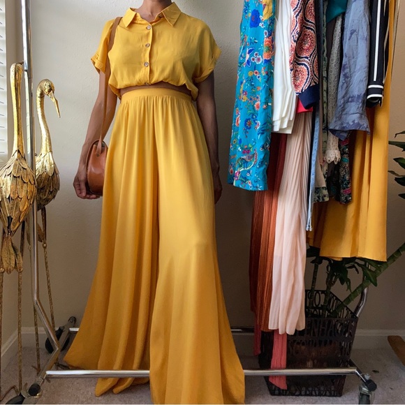 Yellow Wide Leg Pant Set with Crop Top - Picture 1 of 13